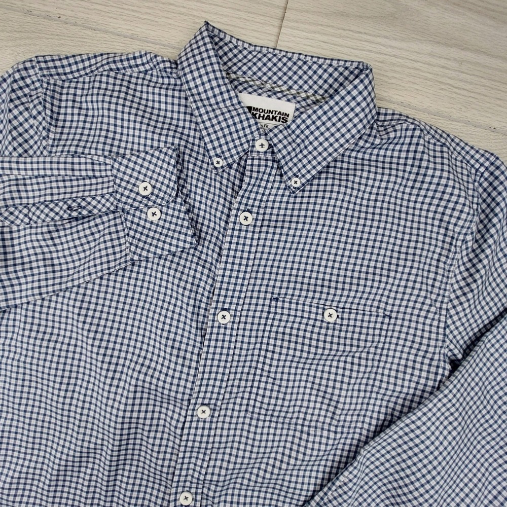 Mountain Khakis Button Down Shirt Mens Large Blue Gingham Classic Fit Polyester